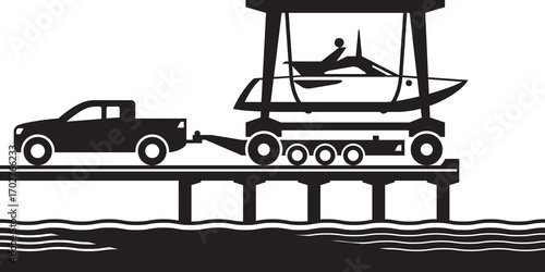 Mobile boat hoist moving yacht from pickup to the water - vector illustration