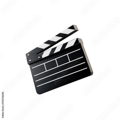 3D illustration of a classic film clapperboard, angled, with a black background.  White stripes and dots define the clapperboard's design