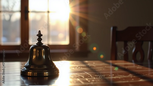 Antique bell on a wooden table with sunlight streaming through a window.