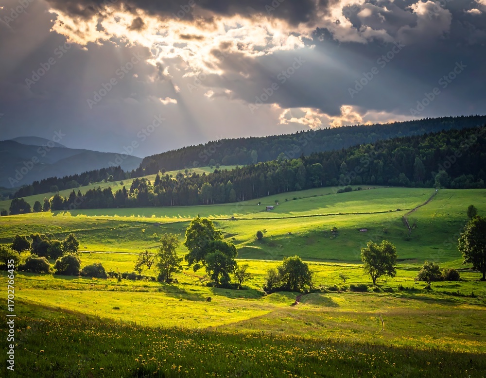 Obraz premium Sunlight streams through dramatic clouds over a lush valley
