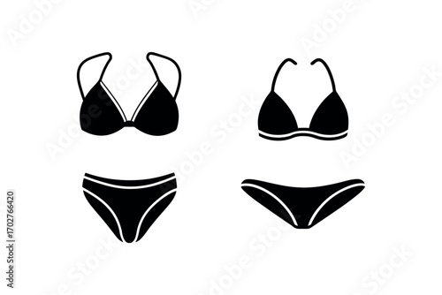 four pieces of swimwear displayed in minimalist silhouette