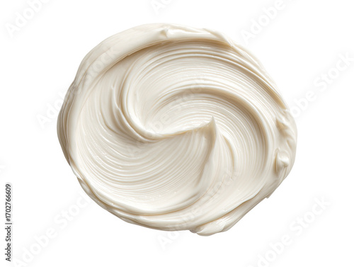Creamy, pale beige substance swirled in a circular design.  Smooth, glossy texture