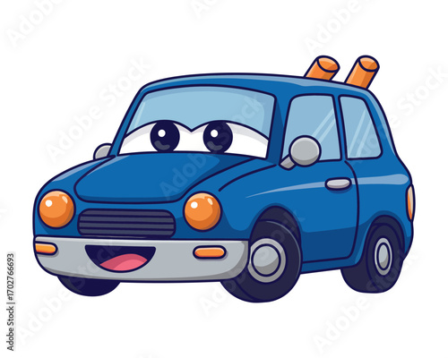 An adorable blue cartoon car character with big eyes and a friendly smile, isolated on a white background for easy use