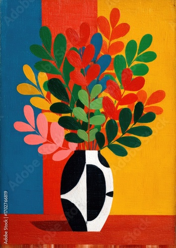 Colorful abstract painting of a vase with vibrant leaves against a bold background