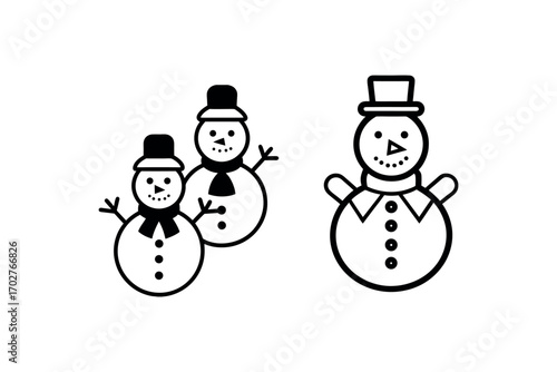 winter scene with snowmen wearing hats and scarves silhouette