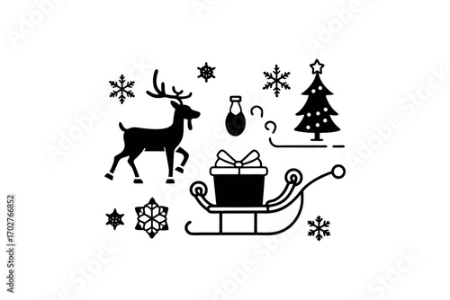 christmas scene with reindeer sleigh gifts tree stars silhouette