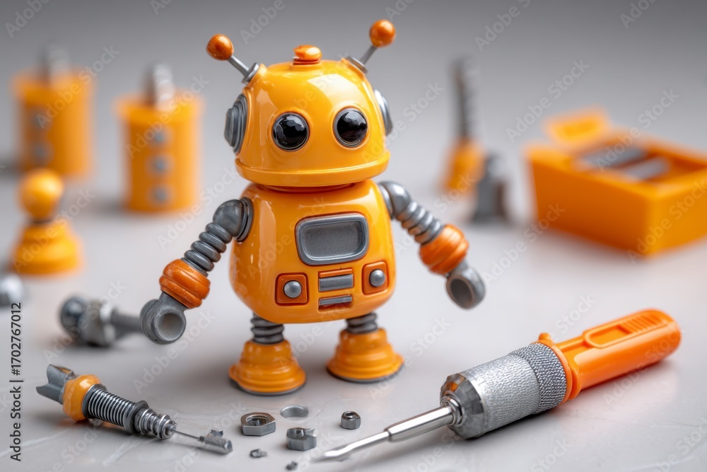 Fototapeta premium A small orange robot stands amid tools loose nuts on a white surface with other toy robots blurred in the background