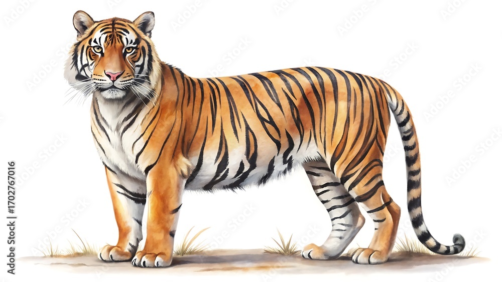 Obraz premium Full body illustration of a standing tiger, showcasing its orange and black stripes, muscular build, and powerful stance isolated on white background