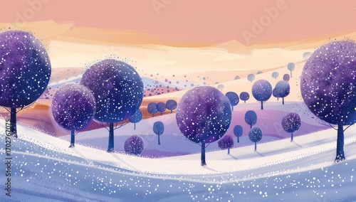 Serene winter landscape with snow-covered hills and purple trees under a pastel sunset sky