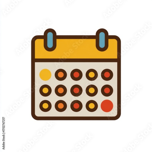 A stylized calendar icon with gold brown and blue accents Rows of colored dots represent dates
