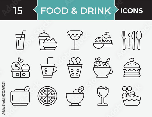 Fifteen black line art food and drink icons on white background vector collection