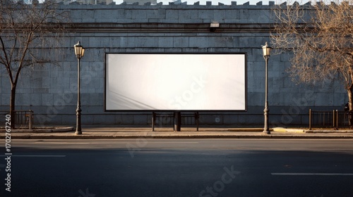 A street view featuring a large blank billboard positioned between two vintage lampposts against a stone wall