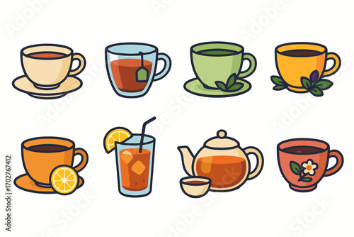Tea and beverage outline icons set – flat, filled, drink and coffee symbols