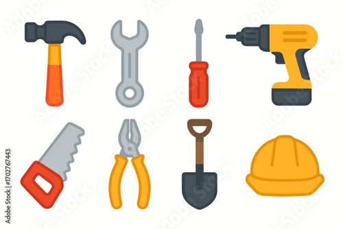 Construction tools flat icons set – solid, outline, building and repair symbols