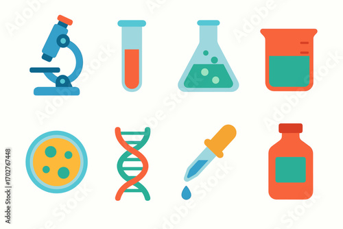Science laboratory flat icons set – detailed, colorful, lab equipment symbols