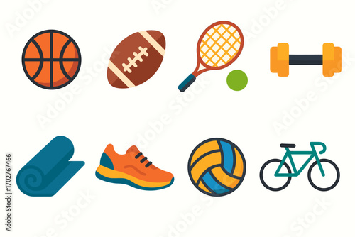 Sports and fitness flat icons set – exercise, recreation, and gym symbols