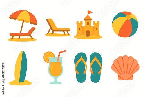 Beach and vacation flat icons set – summer, travel, seaside symbols