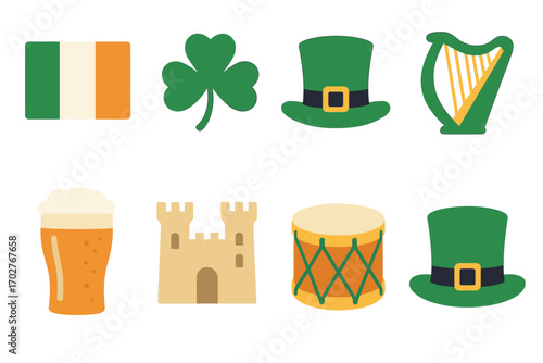 Irish culture flat icons set – shamrock, beer, traditional symbols and elements