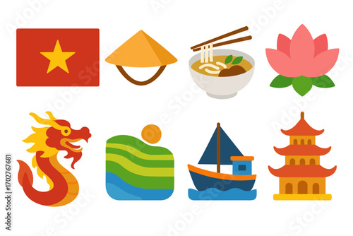 Vietnam culture flat icons set – filled, travel, traditional symbols for tourism