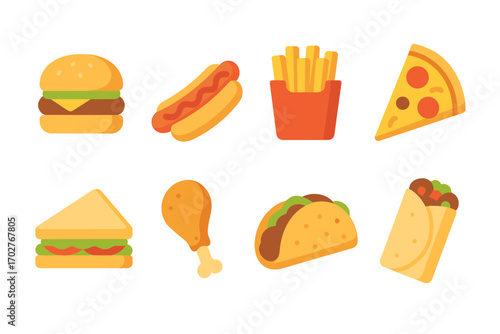 Fast food flat icons set – vibrant, colorful, snack symbols for menus and ads