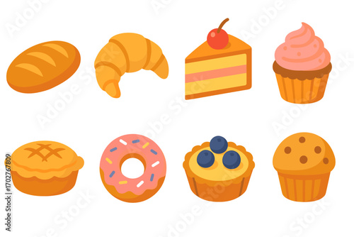 Bakery and pastry icons set – 3d, flat, baked goods and dessert symbols