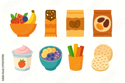 Healthy food flat icons set – nutrition, snack, and organic product symbols