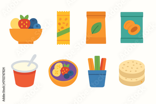 Healthy eating flat icons set – nutrition, food symbols for dieting and wellness
