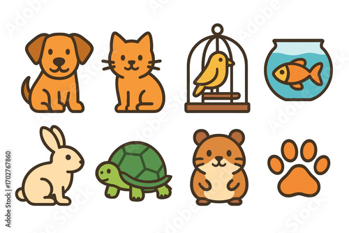 Pet care outline icons set – flat, linear, animal and veterinary symbols