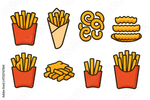 French fries icons set – flat, outline, crispy and fast food graphics