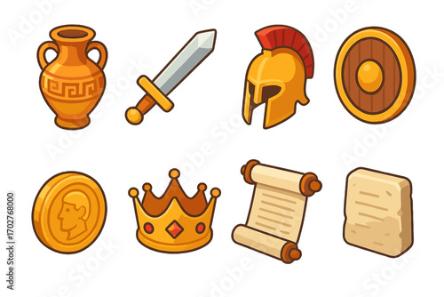 Ancient greece icons set – flat, filled, mythology and historical symbols