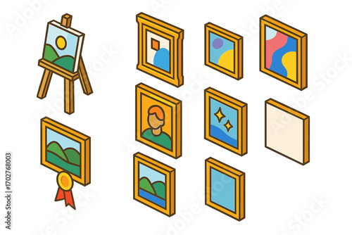 Art and creativity icons set – isometric, gallery, painting and design symbols