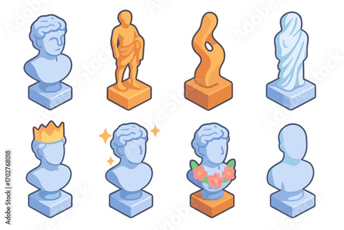 Art sculpture isometric icons set – statue, bust, and abstract art symbols