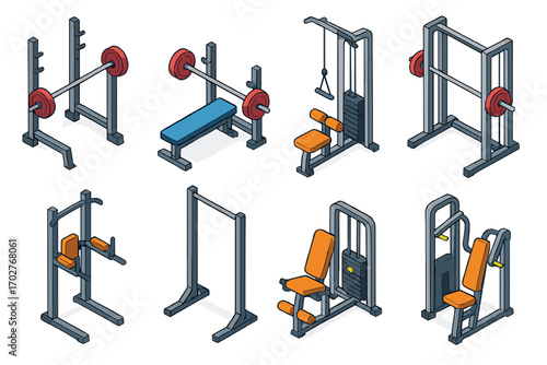 Fitness and gym equipment icons set – isometric, workout, exercise gear symbols