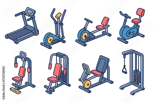 Gym equipment icons set – isometric, fitness, workout symbols for health enthusiasts