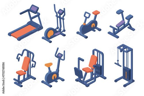 Fitness and gym equipment icons set – isometric, silhouette, exercise and workout tools