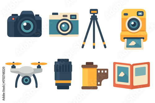 Photography and camera icons set – flat, outline, visual design essentials