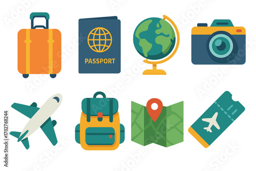 Travel and vacation solid icons set – flat, filled travel symbols for trip planning