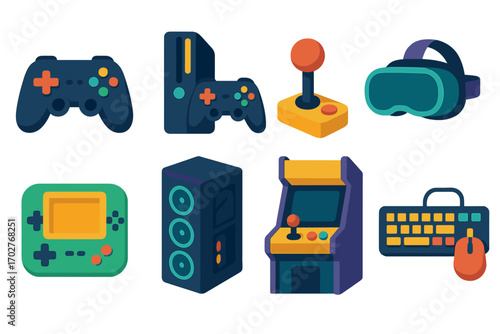 Gaming joystick and console icons set – filled, solid, video game symbols and tools