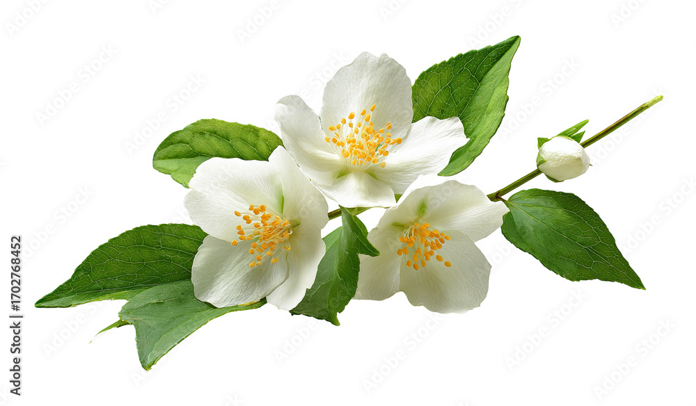Obraz premium Close-up of a jasmine flower branch with three blossoms and buds. Green leaves surround the white blossoms. Natural light