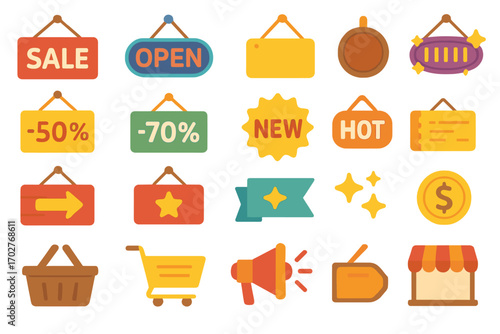 Shopping and retail flat icons set – digital, e-commerce, discount symbols