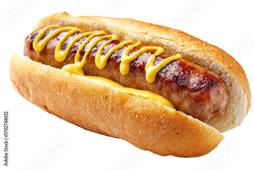 A hot dog sandwich, angled, with a grilled sausage, mustard, and a bun