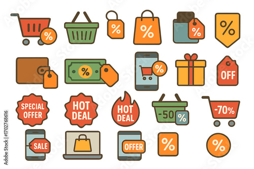 Shopping and discounts icon set – outline, sale, retail, and e-commerce symbols
