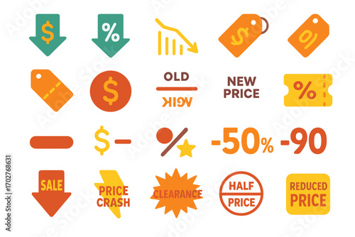 Discounts and sale neon icons set – filled, solid, price and clearance symbols