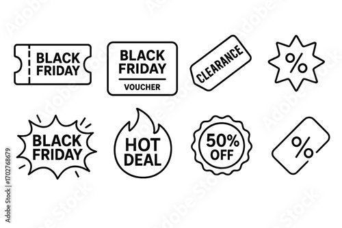 Black friday outline icons set – sales, deals, clearance vector symbols