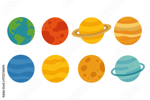 Solar system icons set – flat, planets, space exploration symbols