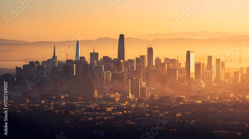 Stunning sunset view of San Francisco skyline showcasing skyscrapers and Golden Gate Bridge in the background