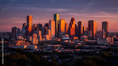 Golden hour envelops the Houston skyline showcasing modern architecture against a vibrant sunset