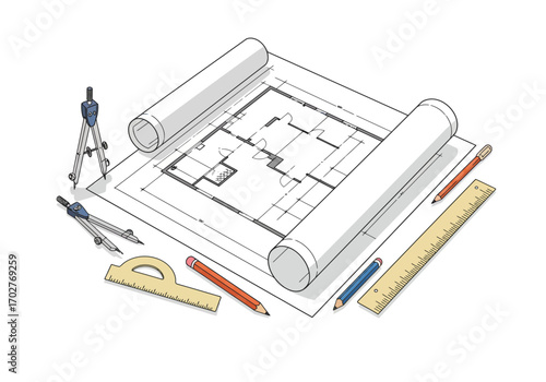 Architectural Blueprint with Drafting Tools.