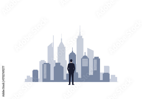Businessman contemplating city skyline.