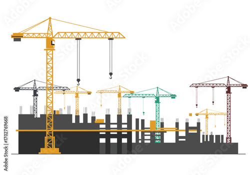 Construction Site with Multiple Cranes.